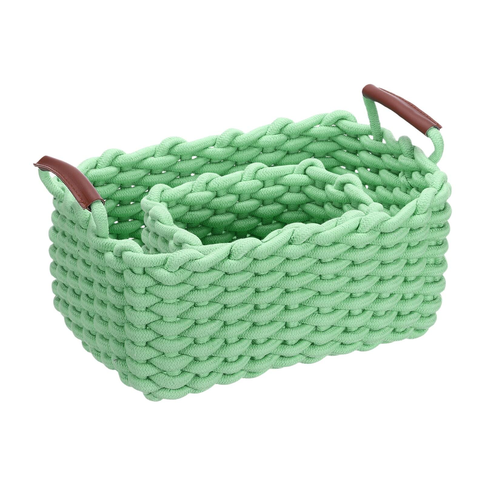 Front. Unique Bargains - 2pcs Woven Basket Cotton Rope Storage Baskets with PU Handle, Gift Chest Box, for Shelf Organizing Home Decor Nursery - Green.