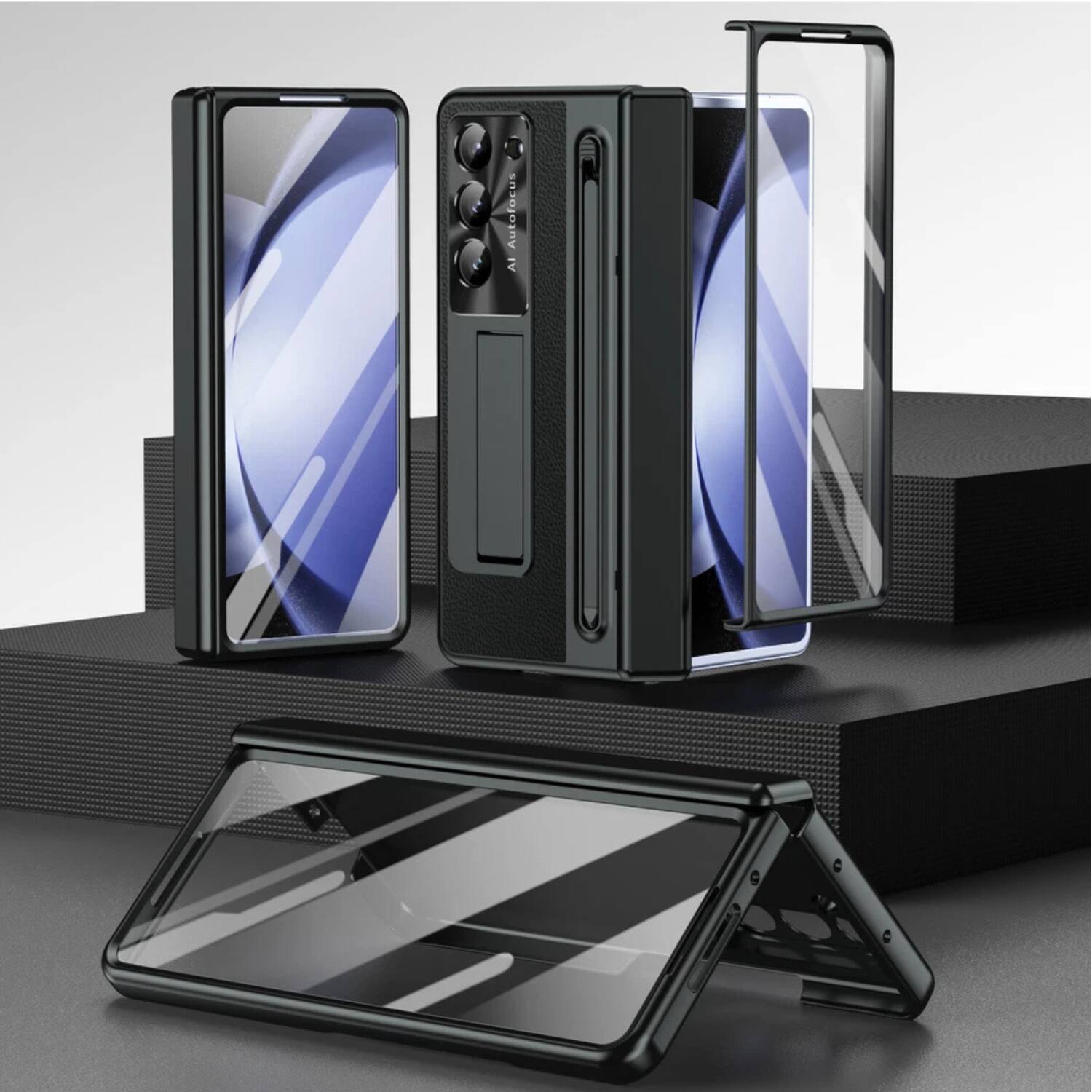 Angle. Stock Preferred - Hinge Stand Case with Screen Protector & Slim Stylus  For Samsung Galaxy Z Fold7- Black - Black.