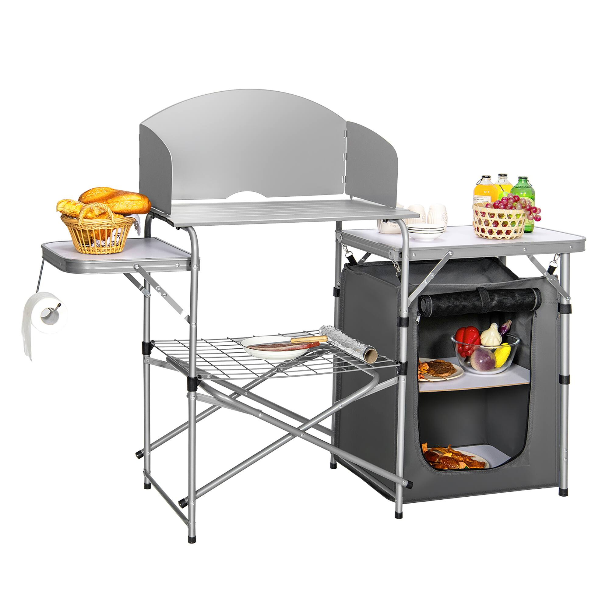 Costway - Foldable Camping Table Outdoor BBQ Portable Grilling Stand w/Windscreen Bag - Gray