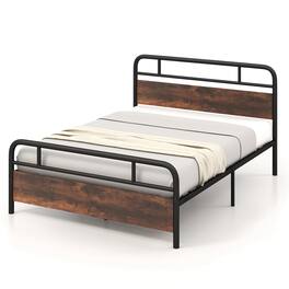 Costway - Queen Size Metal Platform Bed Frame Industrial Headboard Mattress Foundation - Black,Rustic Brown