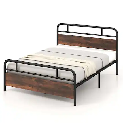 Front. Costway - Costway Queen Size Metal Platform Bed Frame Industrial Headboard Mattress Foundation - Black,Rustic Brown.