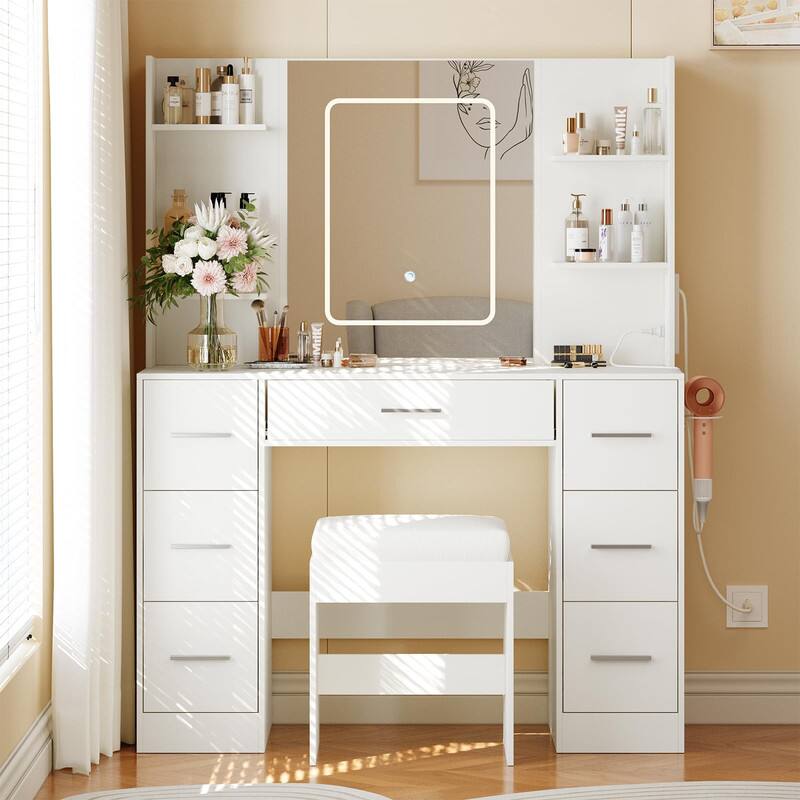 Alt View 3. Acekool - Makeup Vanity Table with Mirror, Touch LED Light, Chair, Power Outlet, Drawers & Shelves for Bedroom, White - White.