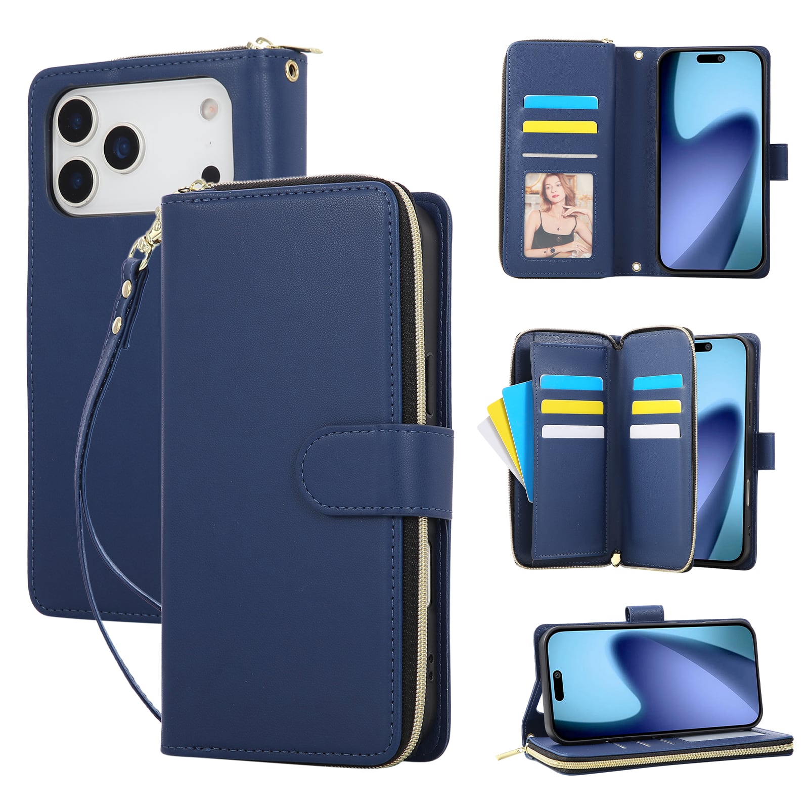 Dteck - Crossbody Wallet Case for Apple iPhone 17 Pro Max, Shockproof Zipper Pocket PU Leather Folio Cover with 9 Card Slots - Blue