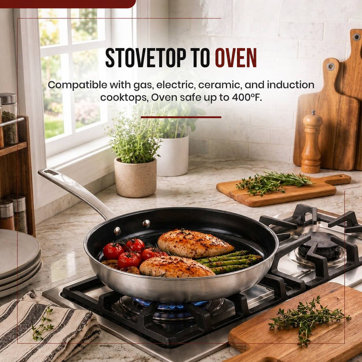 STOVETOP TO OVEN  
Compatible with gas, electric, ceramic, and induction cooktops. Oven safe up to 400°F.