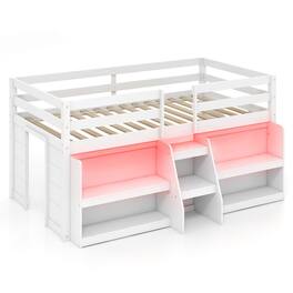 Gymax - Twin Size Loft Bed w/ LED Lights Staircase & Safety Guardrail Under-bed Storage - White