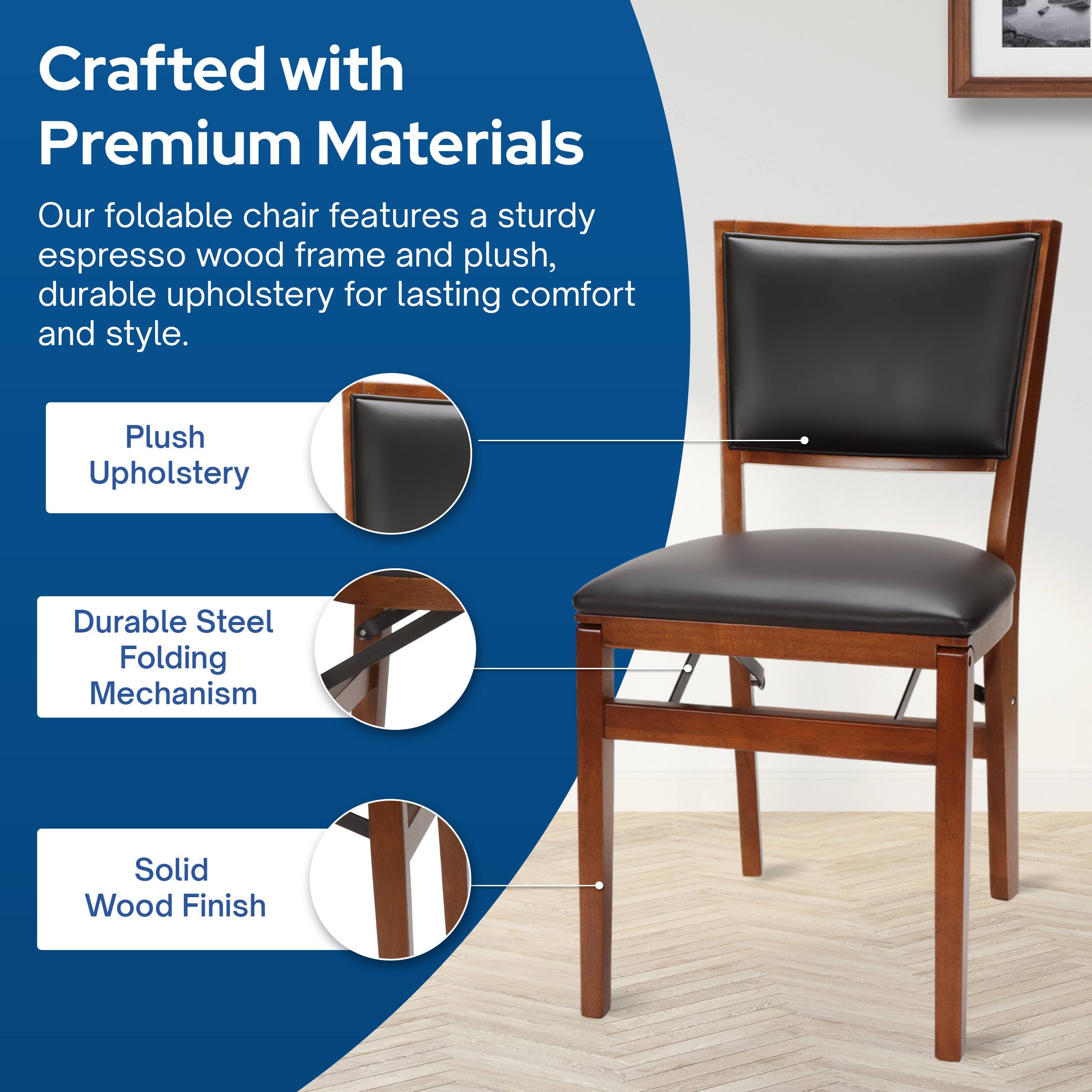 Crafted with Premium Materials

Our foldable chair features a sturdy espresso wood frame and plush, durable upholstery for lasting comfort and style.

- Plush Upholstery
- Durable Steel Folding Mechanism
- Solid Wood Finish