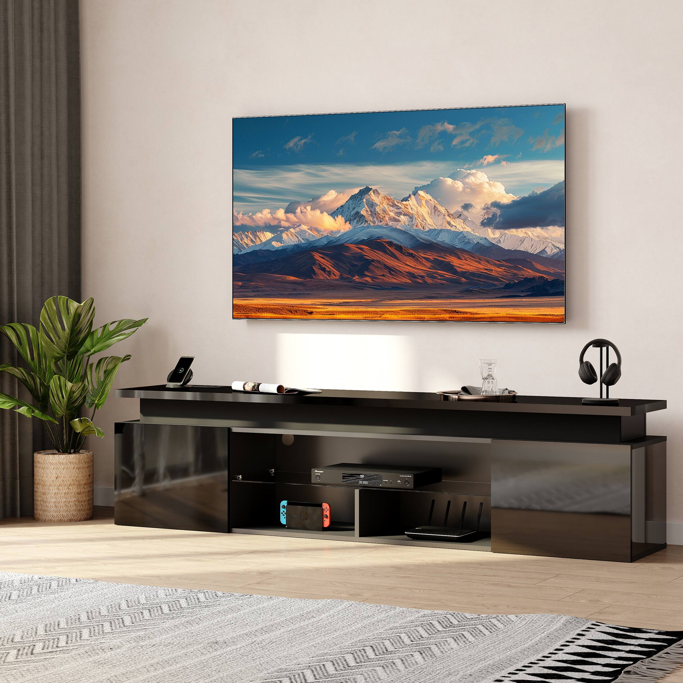 Left. Skyzoo - Skyzoo Modern TV Stand for 50-85" TVs, Entertainment Center with LED Lights, Power Outlet & Storage - Black.