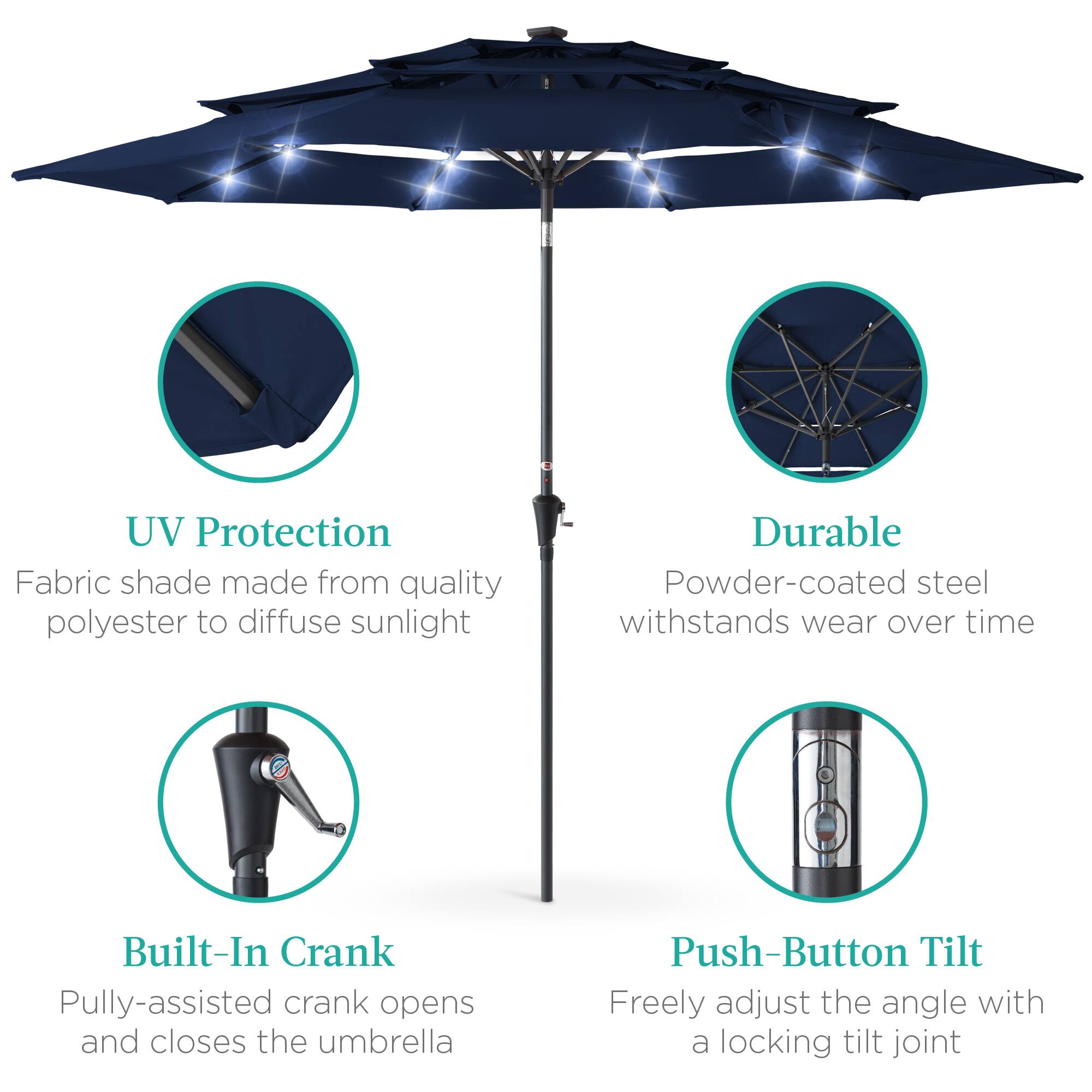 - UV Protection  
  Fabric shade made from quality polyester to diffuse sunlight

- Durable  
  Powder-coated steel withstands wear over time

- Built-In Crank  
  Pully-assisted crank opens and closes the umbrella

- Push-Button Tilt  
  Freely adjust the angle with a locking tilt joint