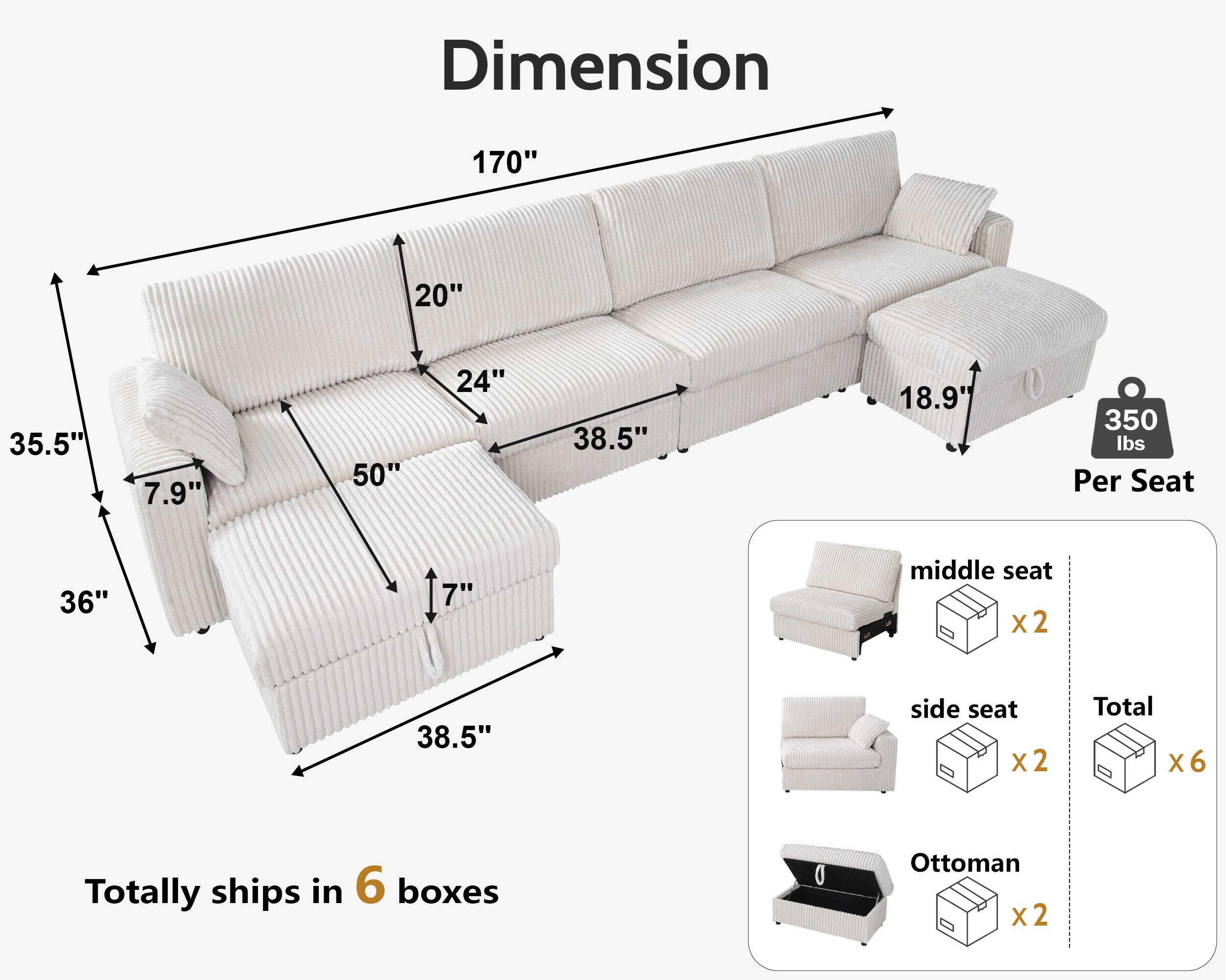 Dimension  
170" x 20" x 35.5" x 7.9" x 50" x 24" x 38.5" x 18.9"  
350 lbs Per Seat  
36" x 7" middle seat x2  
38.5" side seat x2  
Totally ships in 6 boxes  
Ottoman x2