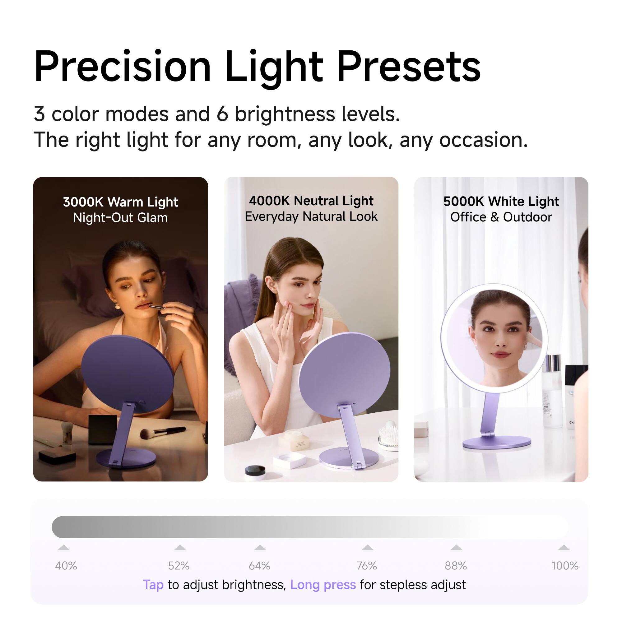 Precision Light Presets

3 color modes and 6 brightness levels. The right light for any room, any look, any occasion.

3000K Warm Light Night-Out Glam
4000K Neutral Light Everyday Natural Look
5000K White Light Office & Outdoor

40% 52% 64% 76% 88% 100%

Tap to adjust brightness, Long press for stepless adjust