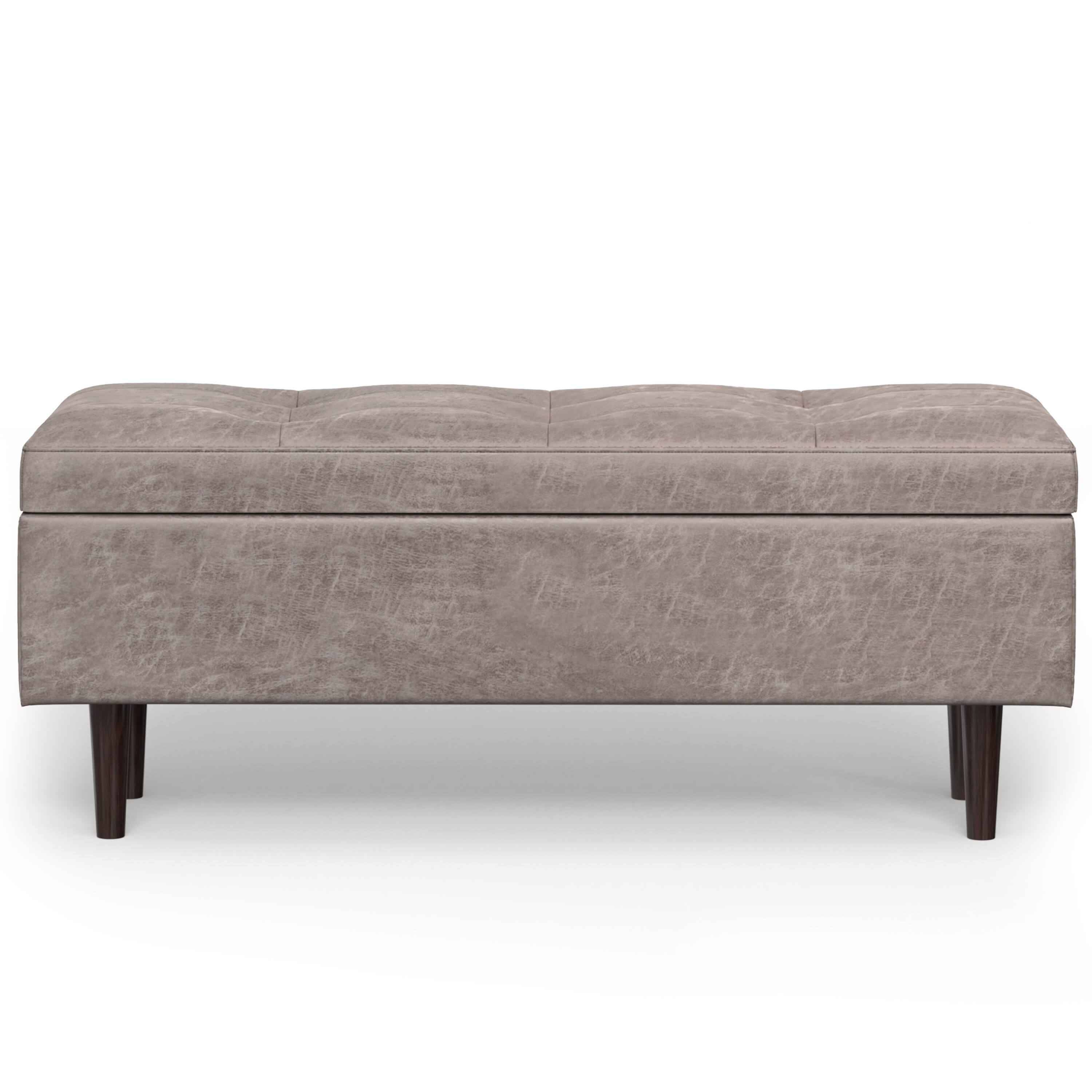Left. Simpli Home - Shay 48 inch Wide Mid Century Modern Rectangle Storage Ottoman in Distressed Grey Taupe Vegan Faux Leather, Assembled - Distressed Grey Taupe.