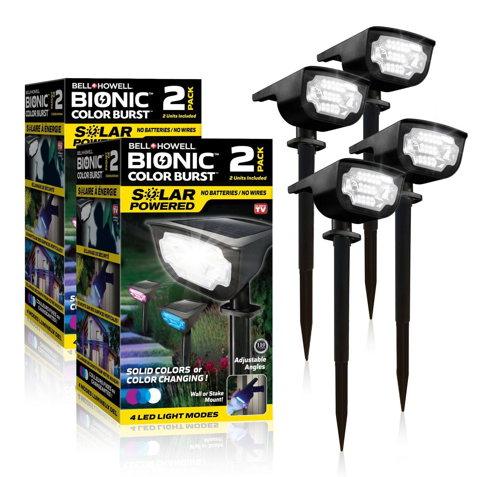 BELL HOWELL BIONIC 2 PACK COLOR BURST
2 Units Included
SOLAR POWERED
NO BATTERIES / NO WIRES
SOLAR ENERGY
4 LED LIGHT MODES
SOLID COLORS or COLOR CHANGING!
Wall or Stake Mount!
Adjustable Angles