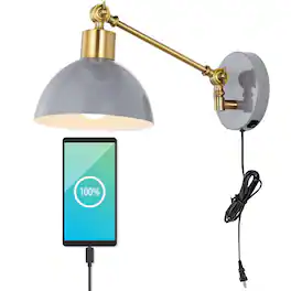 Jonathan Y - Lisa 18" Swing Arm 1-Light Modern Midcentury Iron USB Charging Port LED Sconce, Grey/Brass Gold - Gray