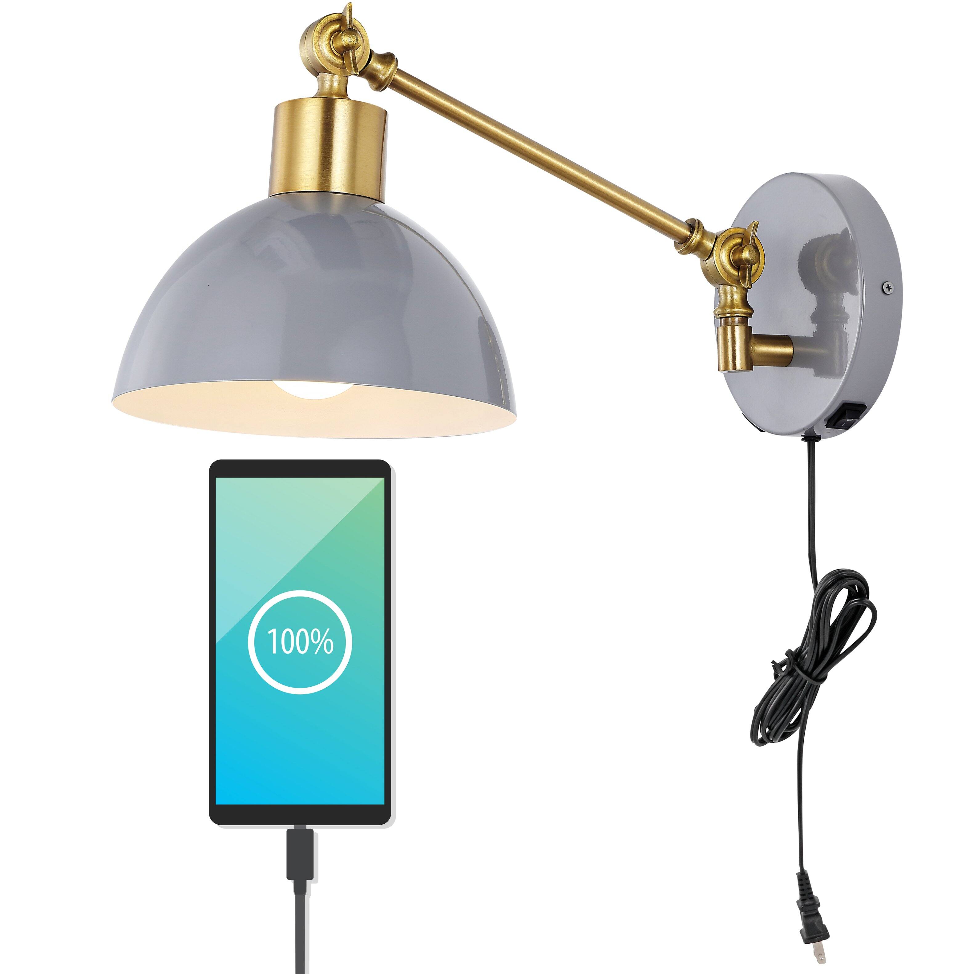 Front. Jonathan Y - Lisa 18" Swing Arm 1-Light Modern Midcentury Iron USB Charging Port LED Sconce, Grey/Brass Gold - Gray.