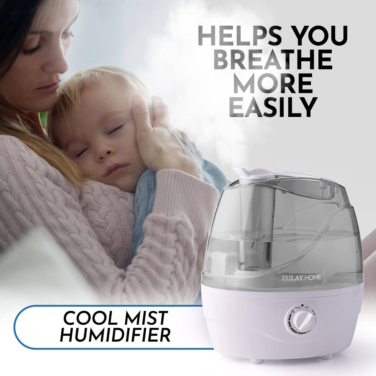 The text in the image can be grouped and corrected as follows:

**Helps You Breathe More Easily**

**Zulay Home Cool Mist Humidifier**