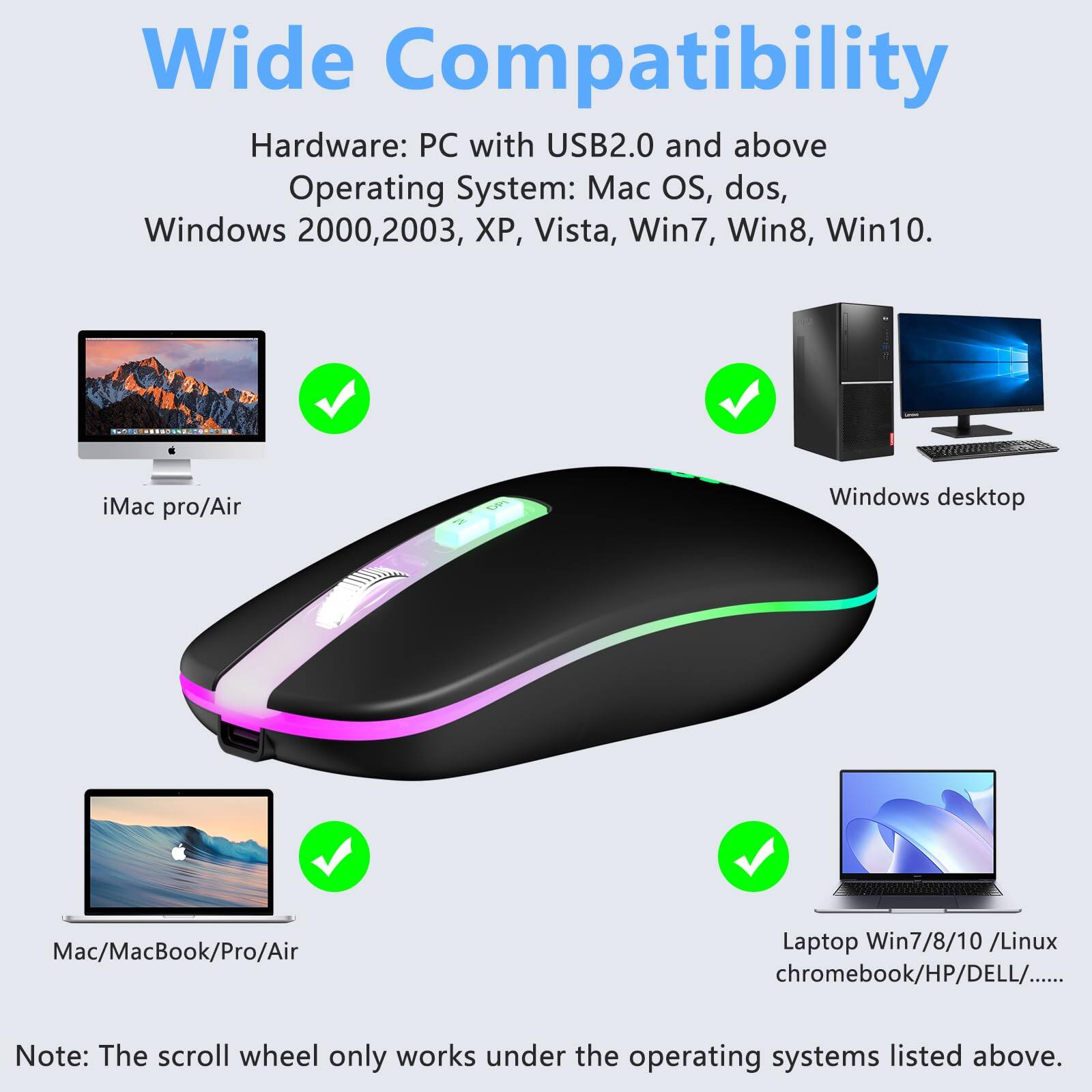 Wide Compatibility

Hardware: PC with USB2.0 and above

Operating System: Mac OS, dos, Windows 2000, 2003, XP, Vista, Win7, Win8, Win10.

- iMac pro/Air
- Windows desktop
- Mac/MacBook/Pro/Air
- Laptop Win7/8/10/Linux chromebook/HP/DELL/......

Note: The scroll wheel only works under the operating systems listed above.