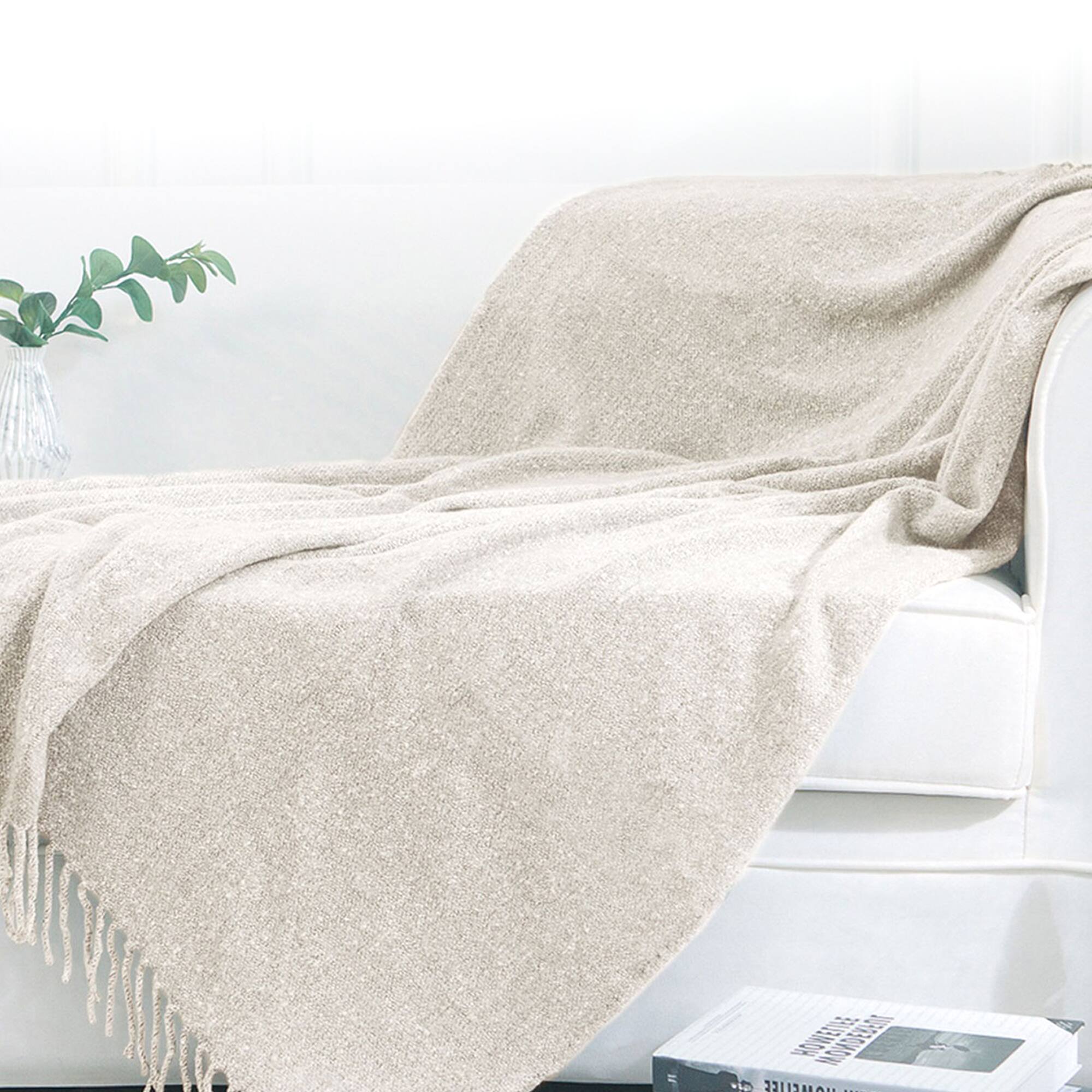 Angle. Cheer Collection - Cheer Collection Ultra Soft Knit Throw Blanket with Fringe Edges Lightweight and Cozy 50 x 60 Inches - Taupe.
