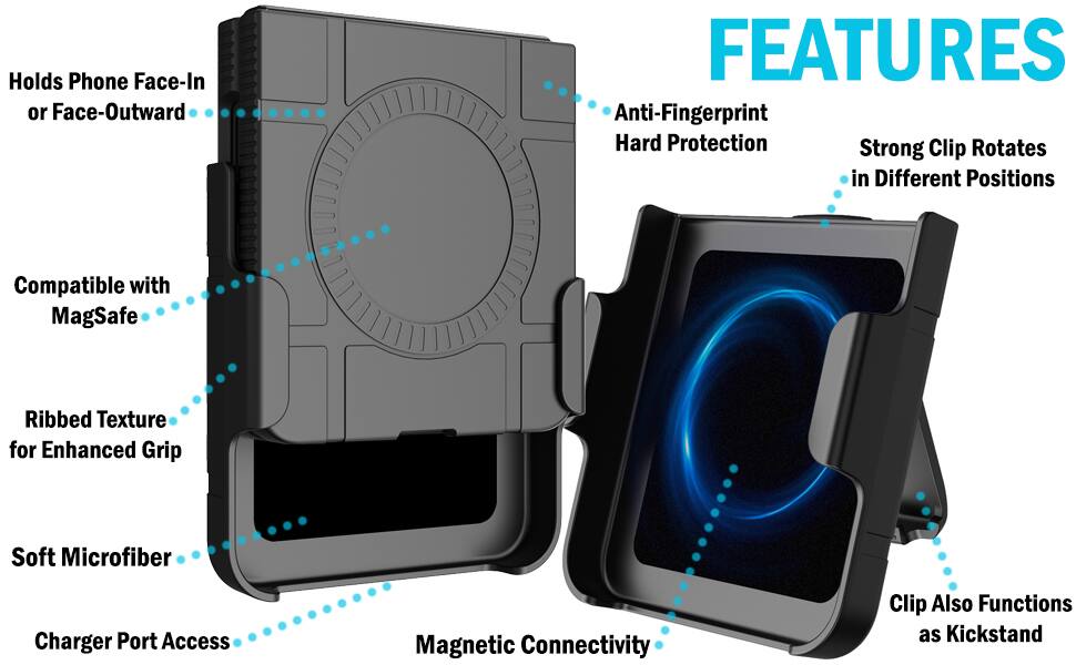 - Holds Phone Face-In or Face-Outward
- Anti-Fingerprint Hard Protection
- Strong Clip Rotates in Different Positions
- Compatible with MagSafe
- Ribbed Texture for Enhanced Grip
- Soft Microfiber
- Charger Port Access
- Magnetic Connectivity
- Clip Also Functions as Kickstand