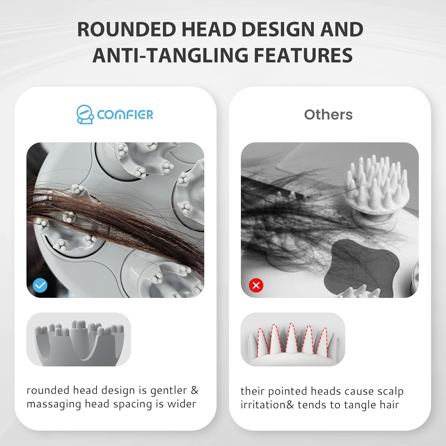 **ROUNDED HEAD DESIGN AND ANTI-TANGLING FEATURES**

**CONFIER**
- Rounded head design is gentler & massaging head spacing is wider

**Others**
- Their pointed heads cause scalp irritation & tends to tangle hair