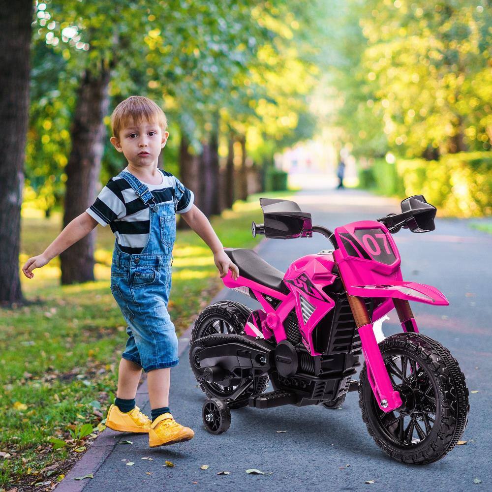 Angle. BreeBe - Qaba 6V Kids Electric Motorcycle Dirt Bike with Training Wheels, Horn & Start Sound, Battery-Powered ride on, Age 3-8 - Pink.