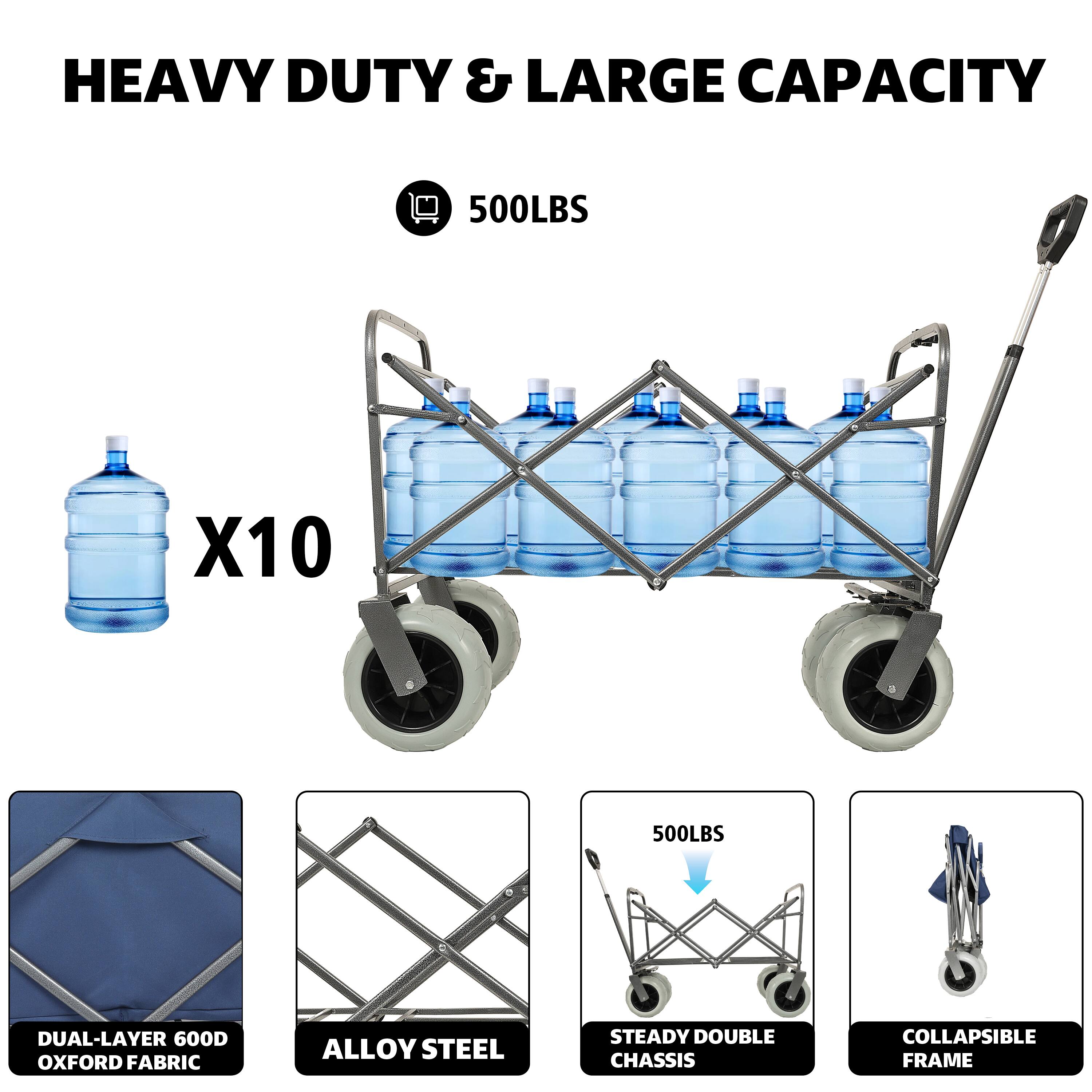 HEAVY DUTY & LARGE CAPACITY  
500LBS X10  
500LBS DUAL-LAYER 600D OXFORD FABRIC ALLOY STEEL STEADY DOUBLE CHASSIS COLLAPSIBLE FRAME