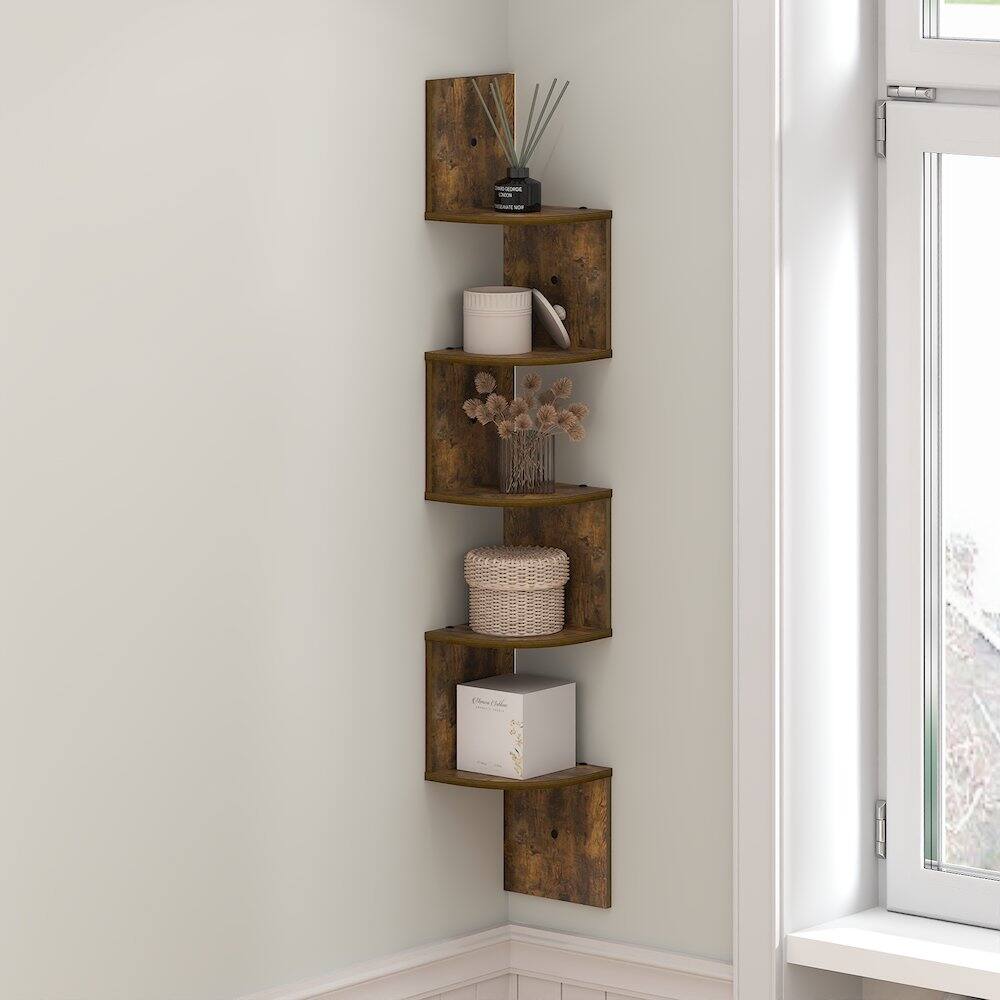 Angle. Furinno - ROSSI Floating Book Shelves for Wall, 5-Tier Zigzag Corner Shelf Wall Mounted, Radial Corner Floating Shelf - Amber Pine.