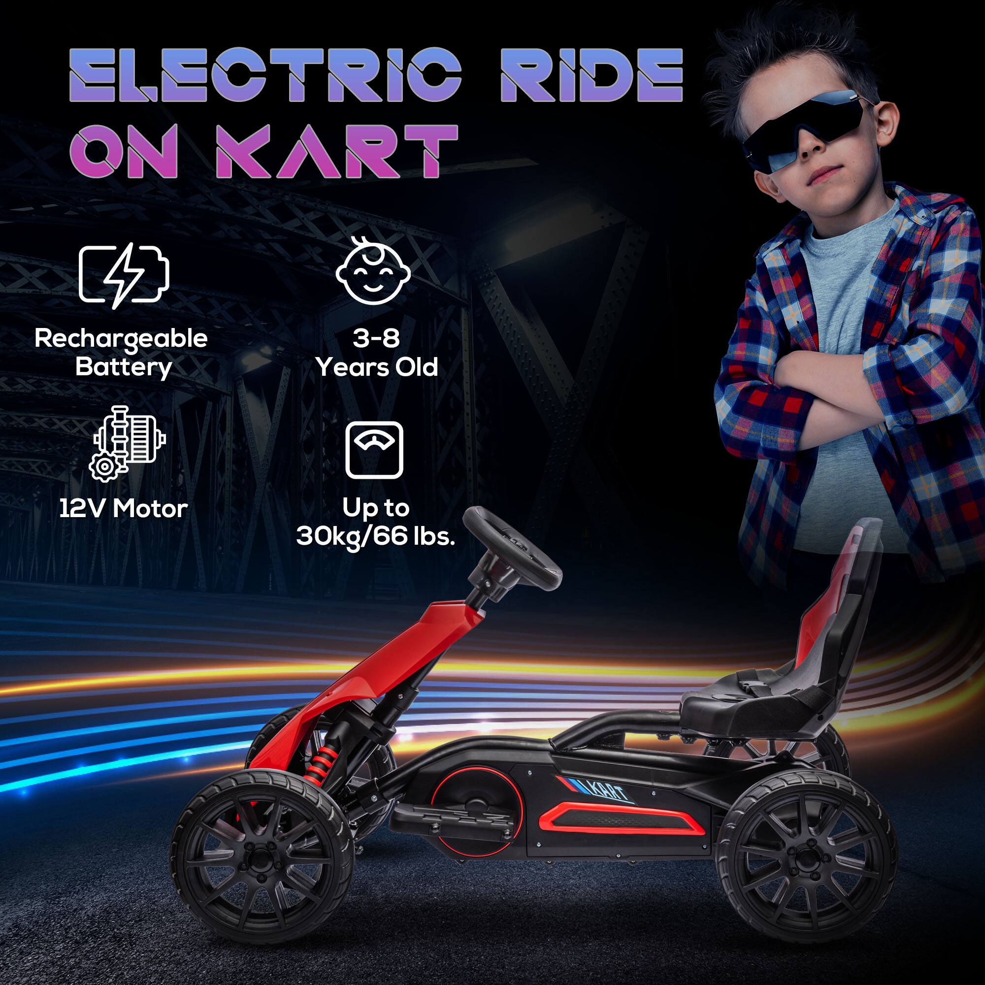 ELECTRIC RIDE ON KART

- Rechargeable Battery
- 3-8 Years Old
- 12V Motor
- Up to 30kg/66 lbs.