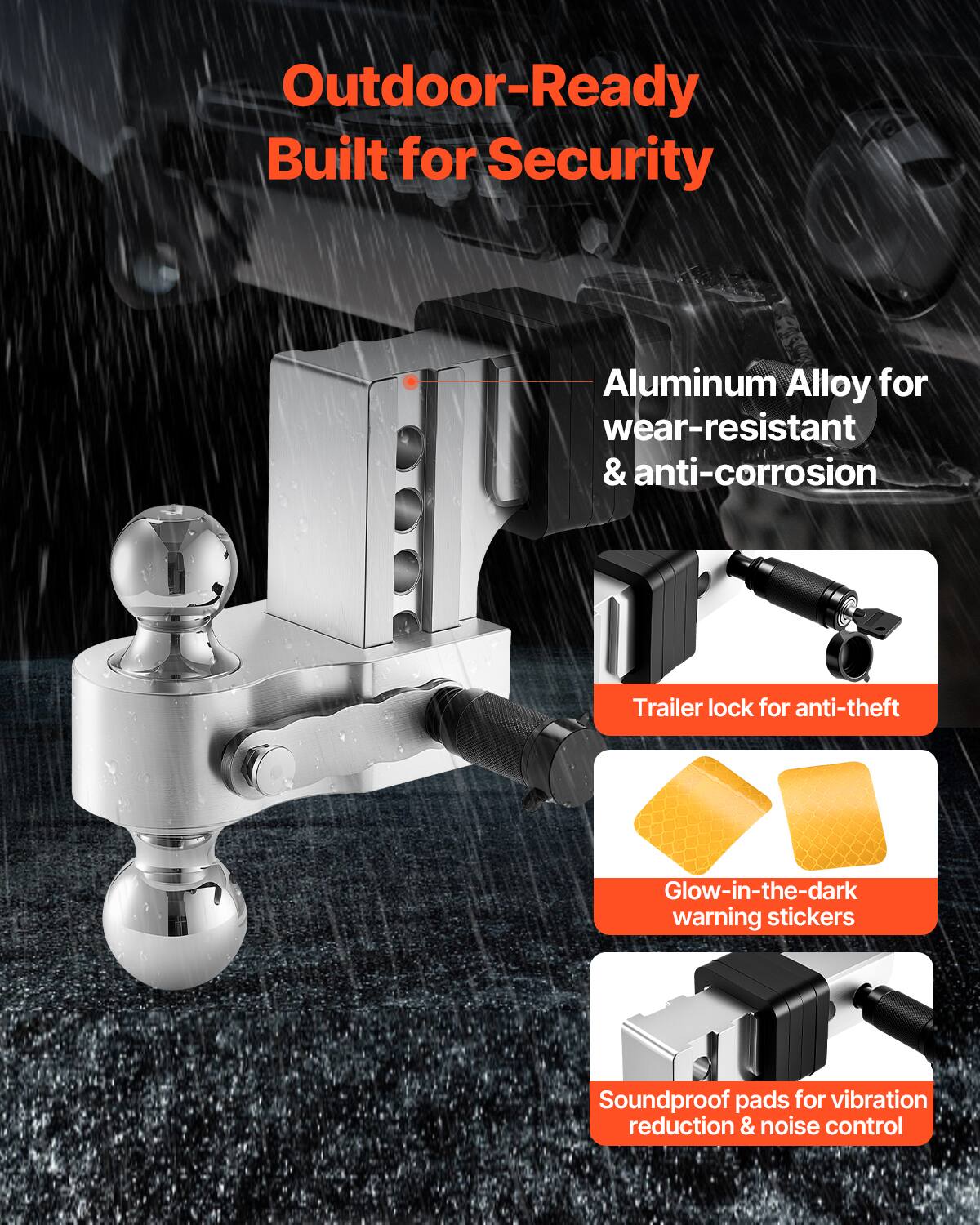 Outdoor-Ready  
Built for Security  

Aluminum Alloy for wear-resistant & anti-corrosion  

Trailer lock for anti-theft  

Glow-in-the-dark warning stickers  

Soundproof pads for vibration reduction & noise control