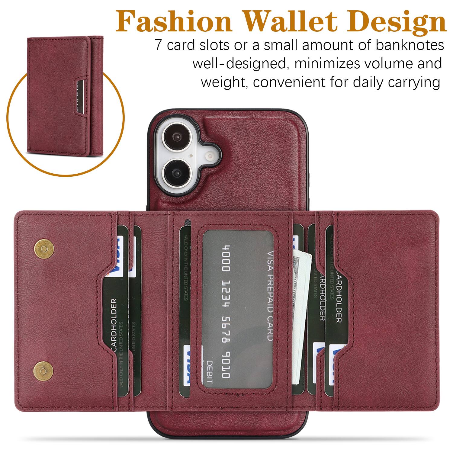 Fashion Wallet Design  
7 card slots or a small amount of banknotes well-designed, minimizes volume and weight, convenient for daily carrying  

CARDHOLDER  
UNITED STATES  
4000 1234 5678 06  
VISA PREPAID CARD  
UNITED STATES  
CARDHOLDER  
UNITED STATES  
CARDHOLDER