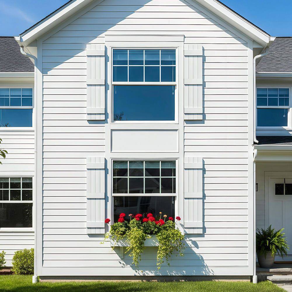 Angle. Kadyn - Classic Board & Batten Faux Shutters with 3 Horizontal Bars for Timeless and Durable Exterior Elegance, 14"x63", White - White.