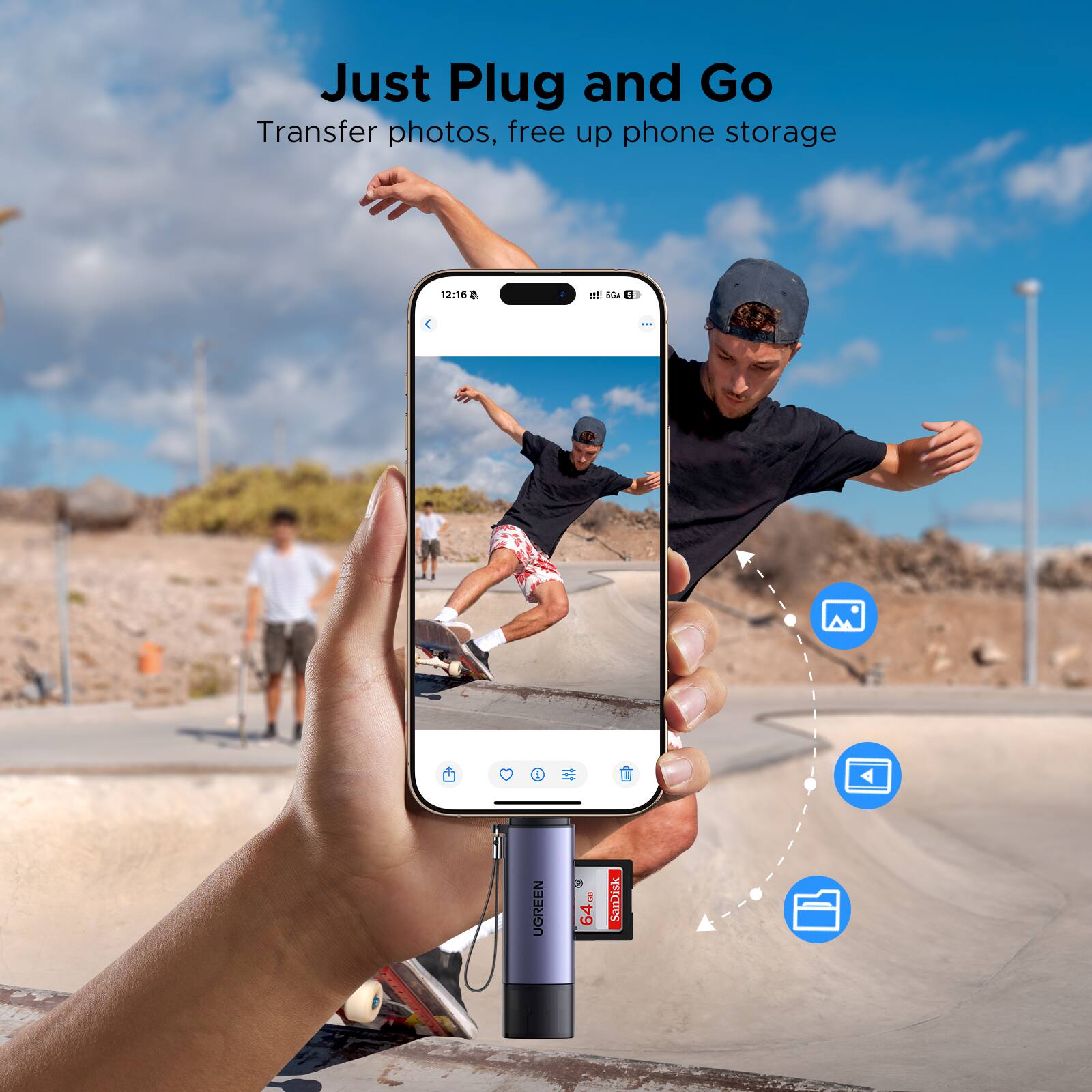 Just Plug and Go  
Transfer photos, free up phone storage  

12:16  
5G  

64GB SanDisk  

UGREEN