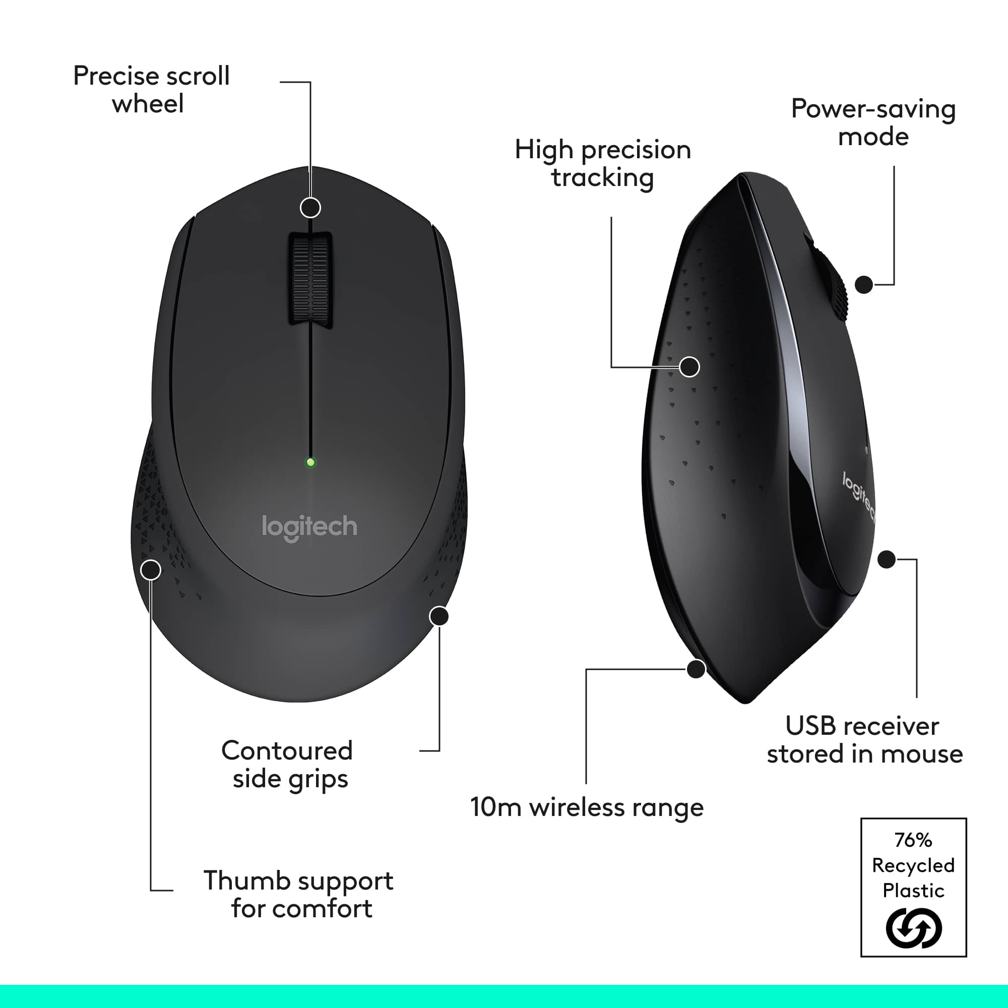 The image features a black Logitech mouse with a scroll wheel, high precision tracking, and power-saving mode. The mouse also has contoured side grips for added comfort and thumb support. It is equipped with a USB receiver that is stored within the mouse, and it has a 10m wireless range. The mouse is made from 76% recycled plastic, making it an eco-friendly choice.
