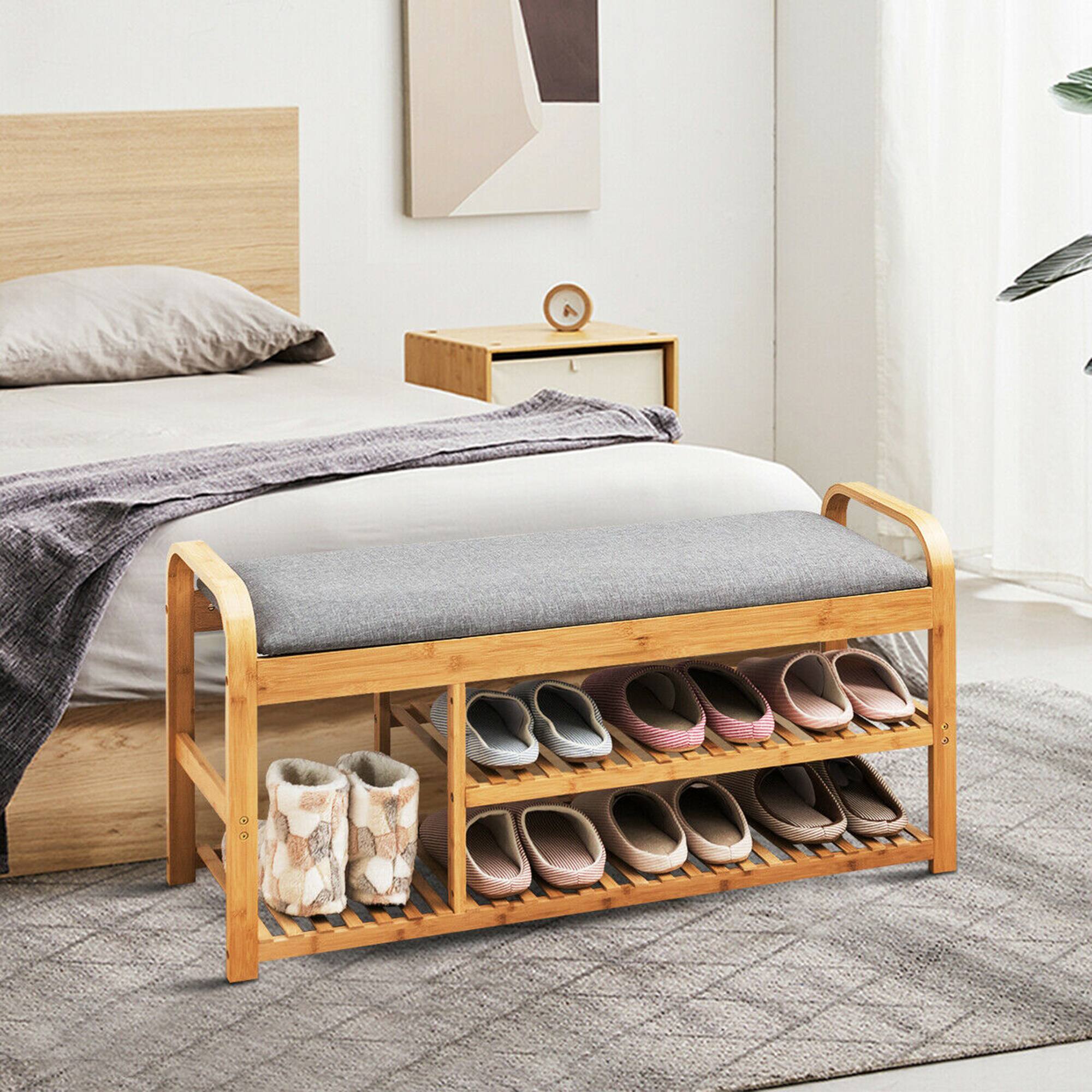 Alt View 3. Gymax - Gymax Shoe Rack Entryway 3-Tier Bamboo Shoe Bench Organizer W/Cushion Modern Stool - Natural and Grey.