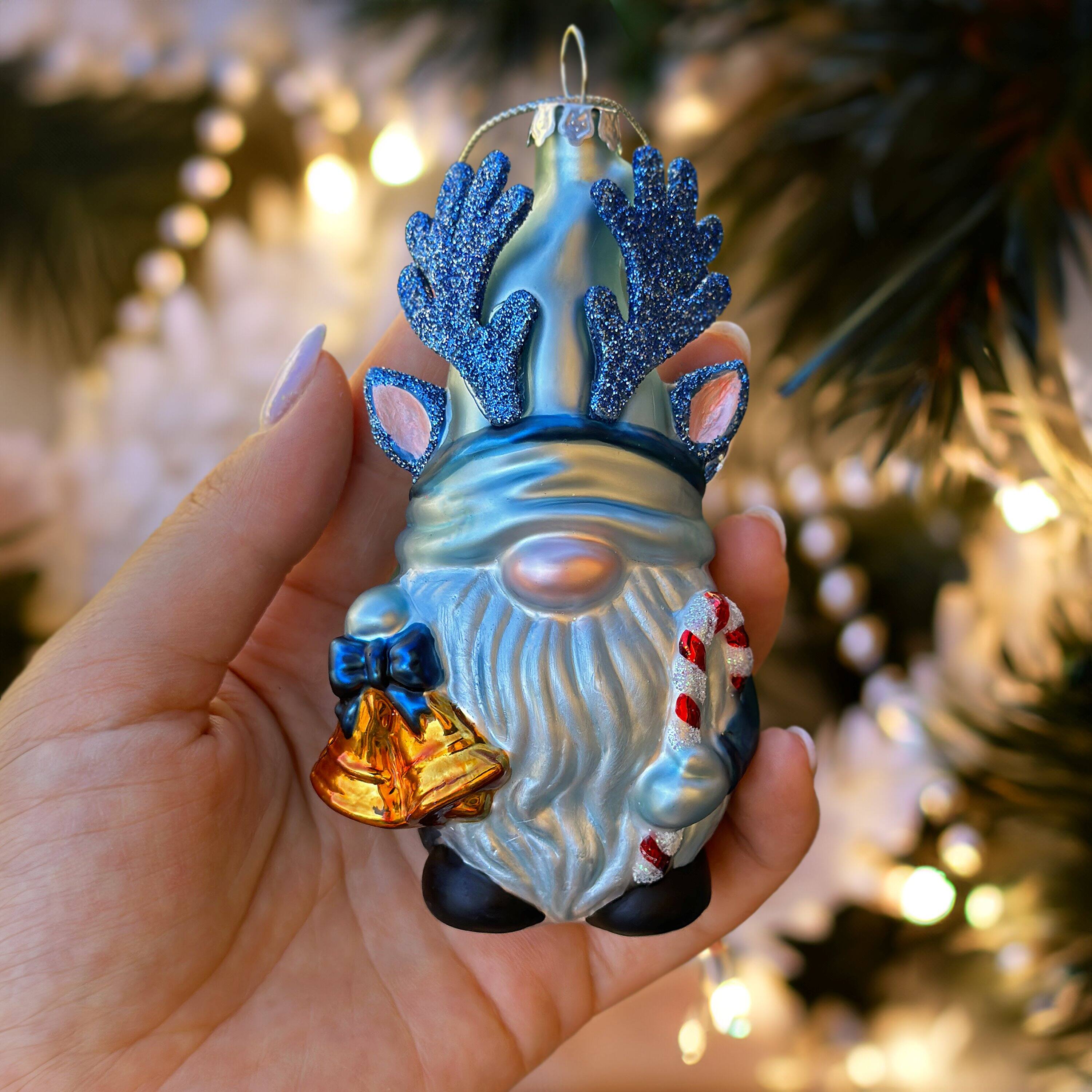 Back. OrnamentallyYou - Charming Blue Gnome with Antlers Glass Christmas Ornament - Multi-colored.