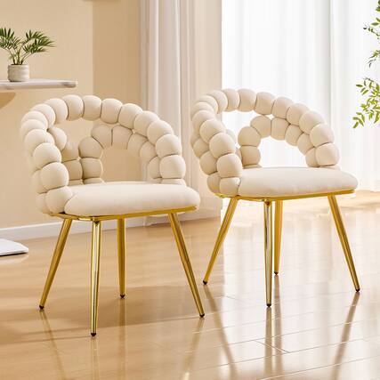 Front. Loheer - Loheer Velvet Dining Chair Set of 2 Beige Bubble Back Accent Chairs with Gold Metal Legs, 1.92ft x 1.58ft x 2.67ft - Beige,Gold.