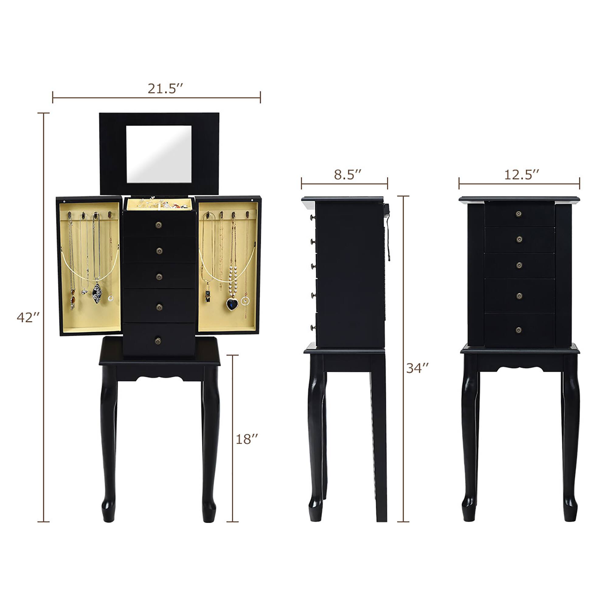 The image shows a black dresser with a mirror on top. The dresser is 21.5 inches tall, 8.5 inches wide, and 12.5 inches deep. The mirror is 18 inches wide.