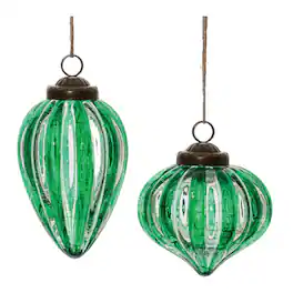 BreeBe - Ribbed Crackle Glass Ornament (Set of 6) - Green