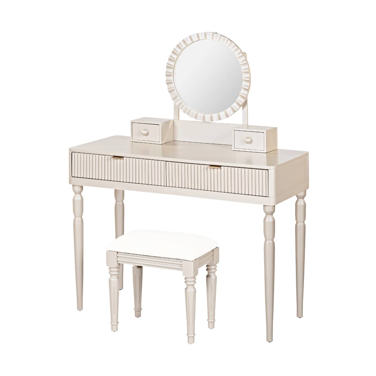 Alt View 7. Loheer - Loheer Makeup Vanity Table with Round Mirror, Champagne, Four Drawers and Stool - Champagne.