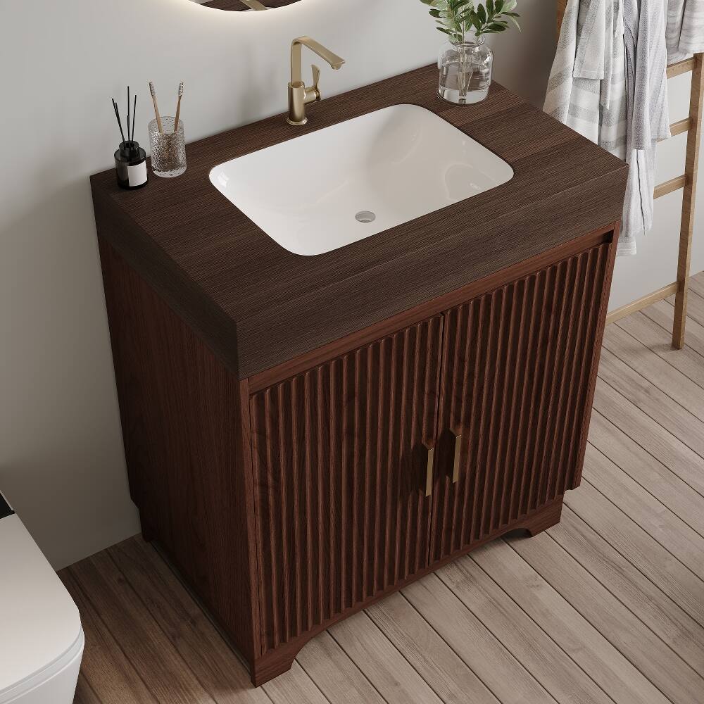 Alt View 1. Loheer - Loheer 30 inch freestanding bathroom vanity sintered stone countertop walnut plywood bathroom cabinet - Walnut.