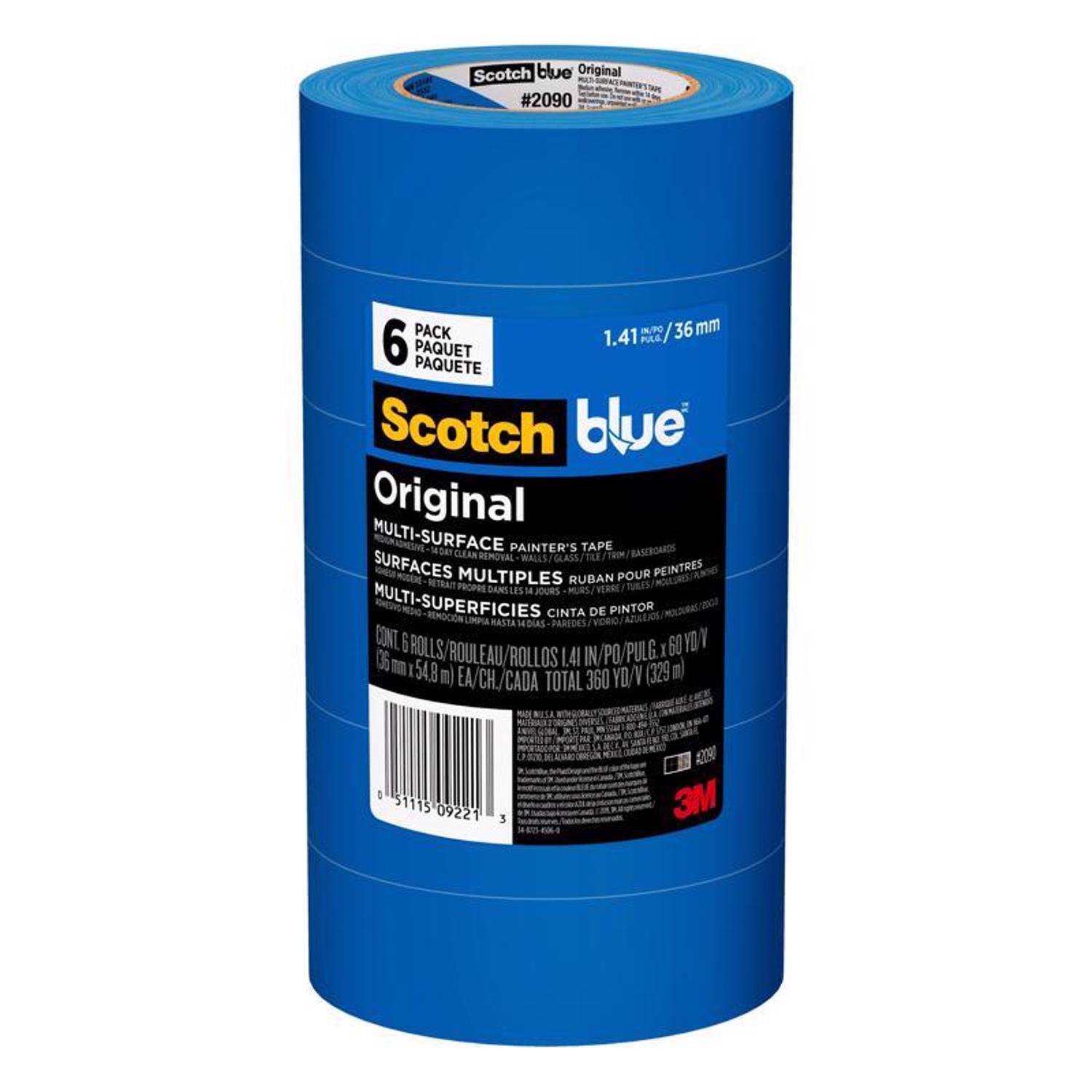 Scotch blue Original #2090  
PACK IN/PO 36 mm 1.41 PLE PAQUET PAQUETE  
Scotch blue Original MULTI-SURFACE OM CEAN PAINTER'S TAPE BASEBOMOS RENOVAL WALLS GLASS/ SURFACES MULTIPLES  
RUBAN POUR PEINTRES BETRAT FROPSE VERRE TULES DANSLES4 JOURS MURS MULTI-SUPERFICIES RASTA DIAS CINTA PAREDES DE VIORO PINTOR CONT i ROLLS PULG I 60 YD 36 M OULEAU/ROLLOS 1.41 IN/PO I 54.8 m) EA/CH/CADA CH TOTAL 360 YD/ V (329 m)  
D 51115 09221 3  
3M