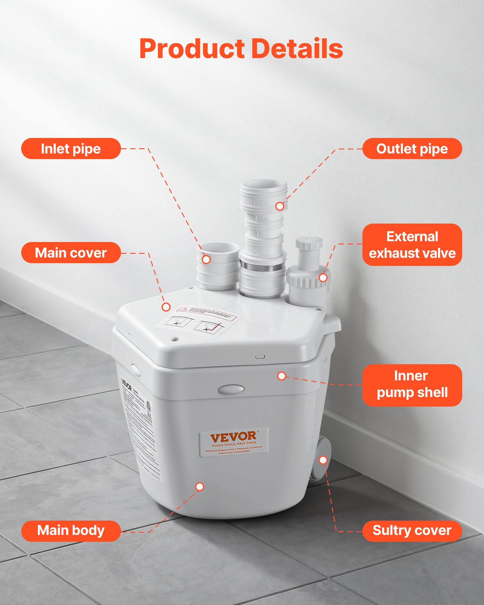 Product Details
- Inlet pipe
- Outlet pipe
- Main cover
- External exhaust valve
- Inner pump shell
- Main body
- Sultry cover