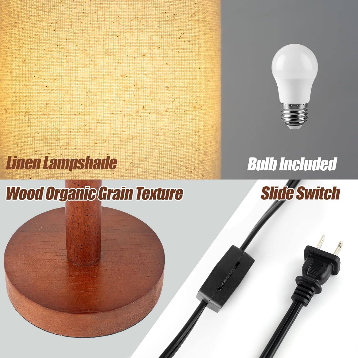 Linen Lampshade  
Wood Organic Grain Texture  
Bulb Included  
Slide Switch