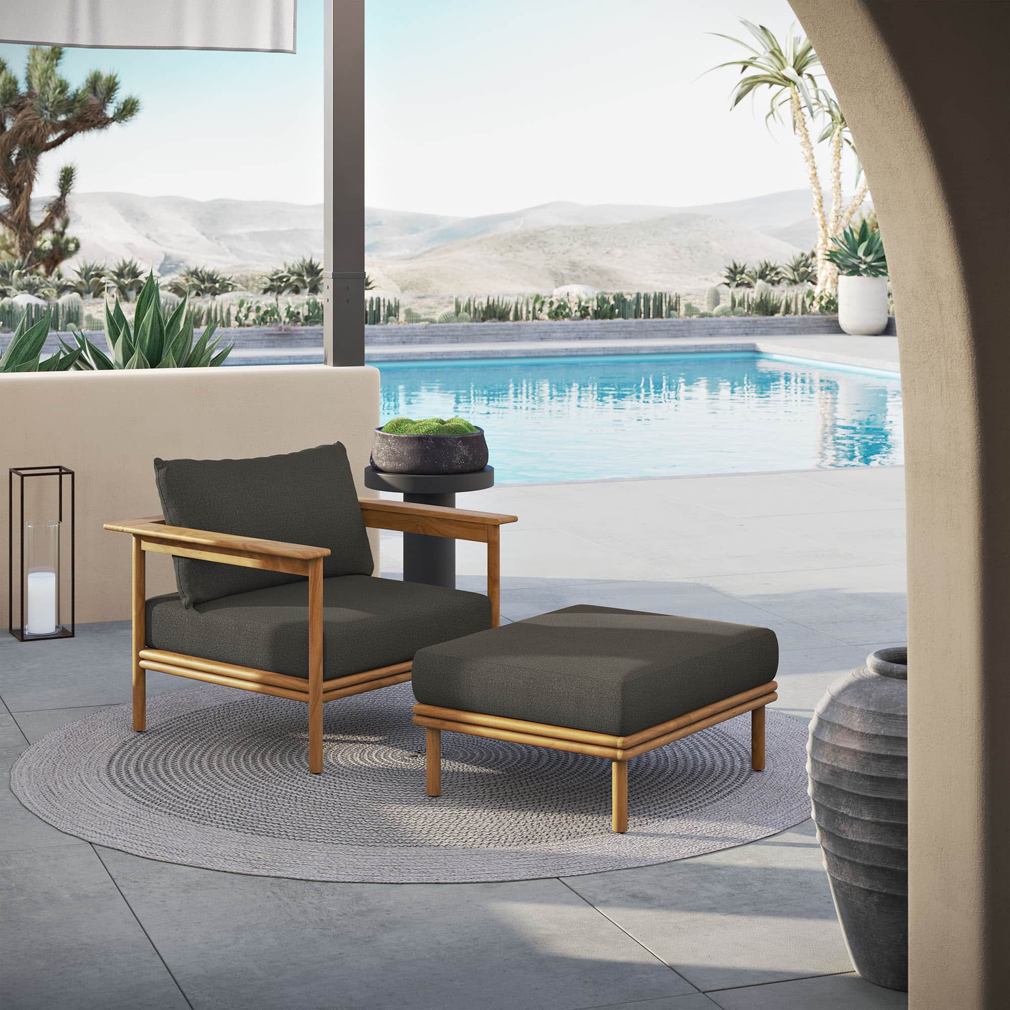 Wren Outdoor Patio Teak Wood Armchair and Ottoman Set by Modway - Natural Flint Gray