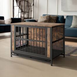 Pefilos - 38" Dog Crate Furniture, Wooden Dog Kennel with 2 Sliding Doors and Thick Iron Door Frame, Dog Cage for Small Dogs