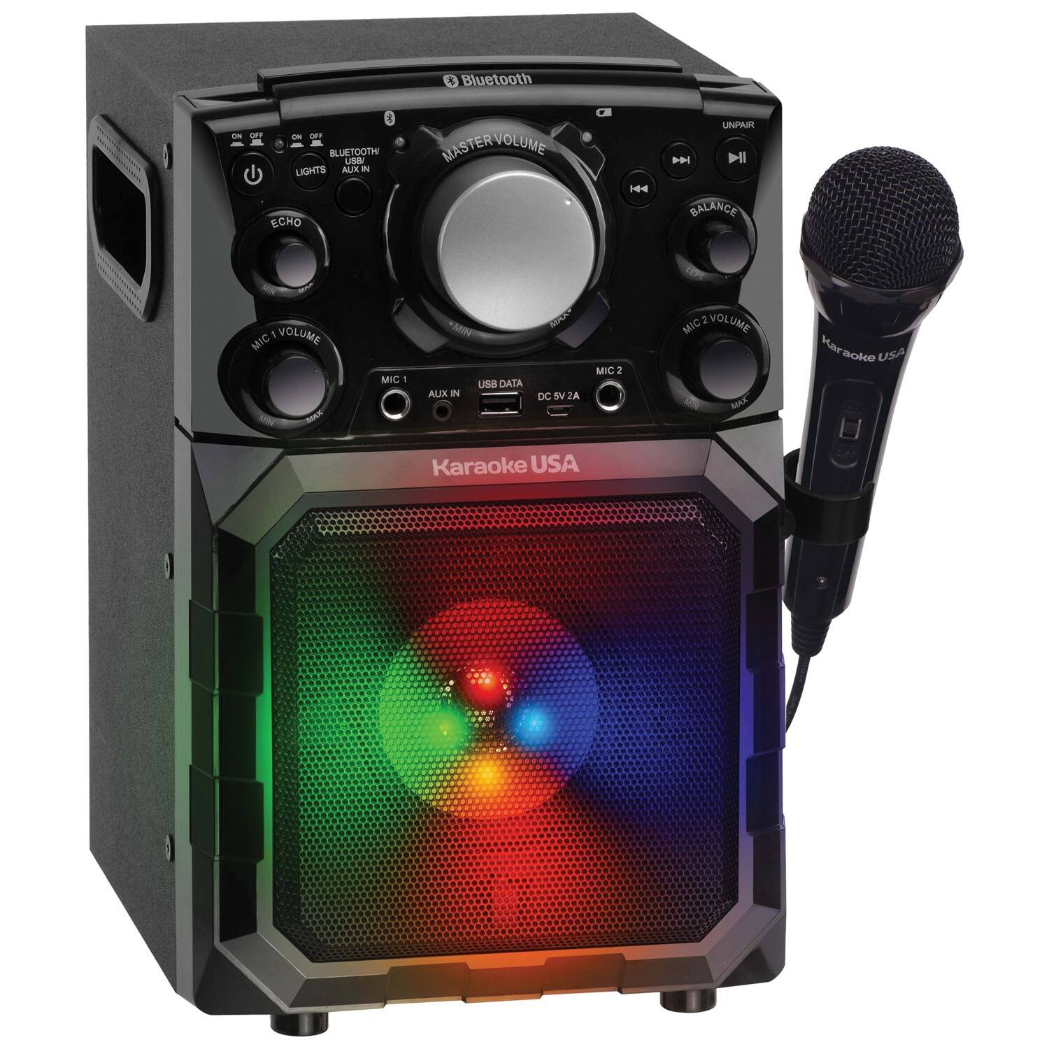 Bluetooth or IoT - BLUETOOTH  
LIGHTS AUX IN  
ECHO MASTER VOLUME VOLUME H  
UNPAIR  
BALANCE  
MIC 1 VOLUME MIC  
ALX IN USB DATA  
DC 5V 2A  
MIC 2 VOLUME MIC  
KAM  
Maraoko Mar USA  
Karaoke USA