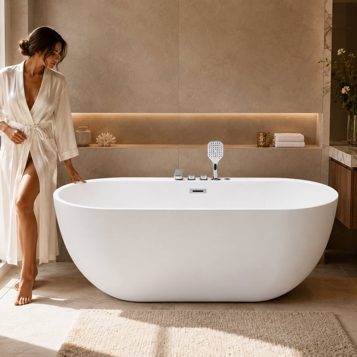 Alt View 2. Loheer - Loheer 67 Inch White Whirlpool Bathtub with LED Light and Swivel Faucet Freestanding Single Person Soaking Tub - Milk White.