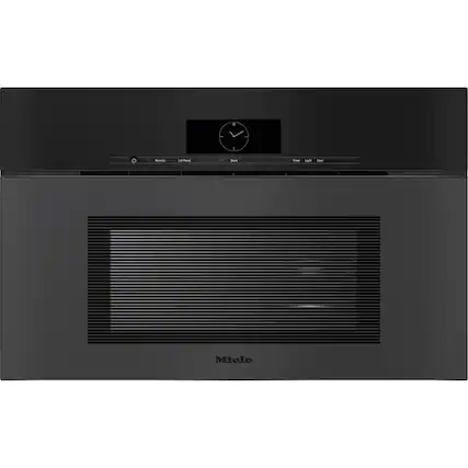 Miele is a brand of appliances, including microwaves, ovens, and refrigerators. The image shows a black Miele microwave with a clock on the front.