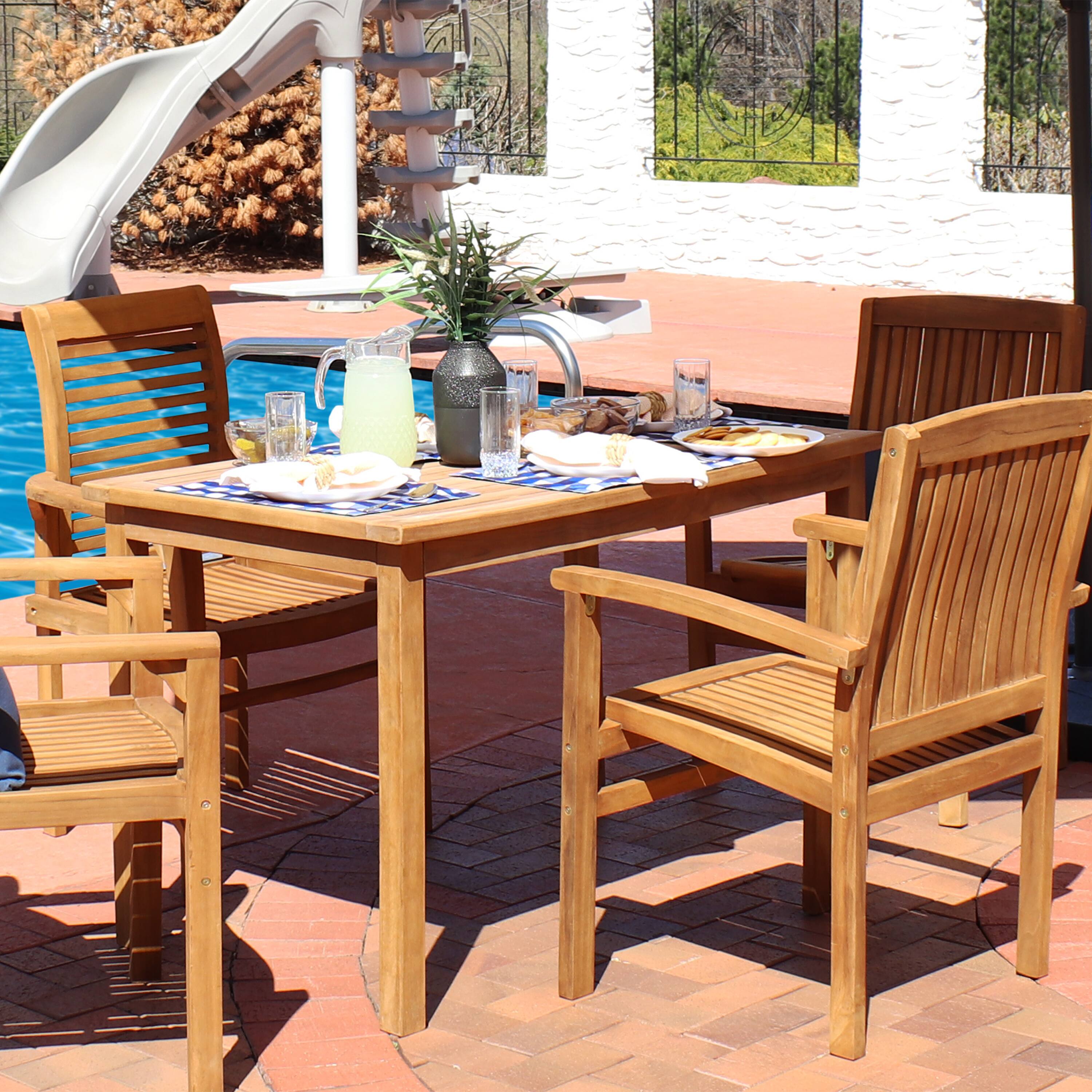 Alt View 4. Sunnydaze - 47.25 in Solid Teak Rectangular Patio Dining Table - Light Brown.