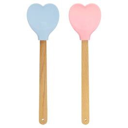 Unique Bargains - 1 Set Silicone Spatula w/ Wood Handle, Heart-Shaped Heat-Resistant Non-Stick Cake Scraper for Baking - Blue, Pink