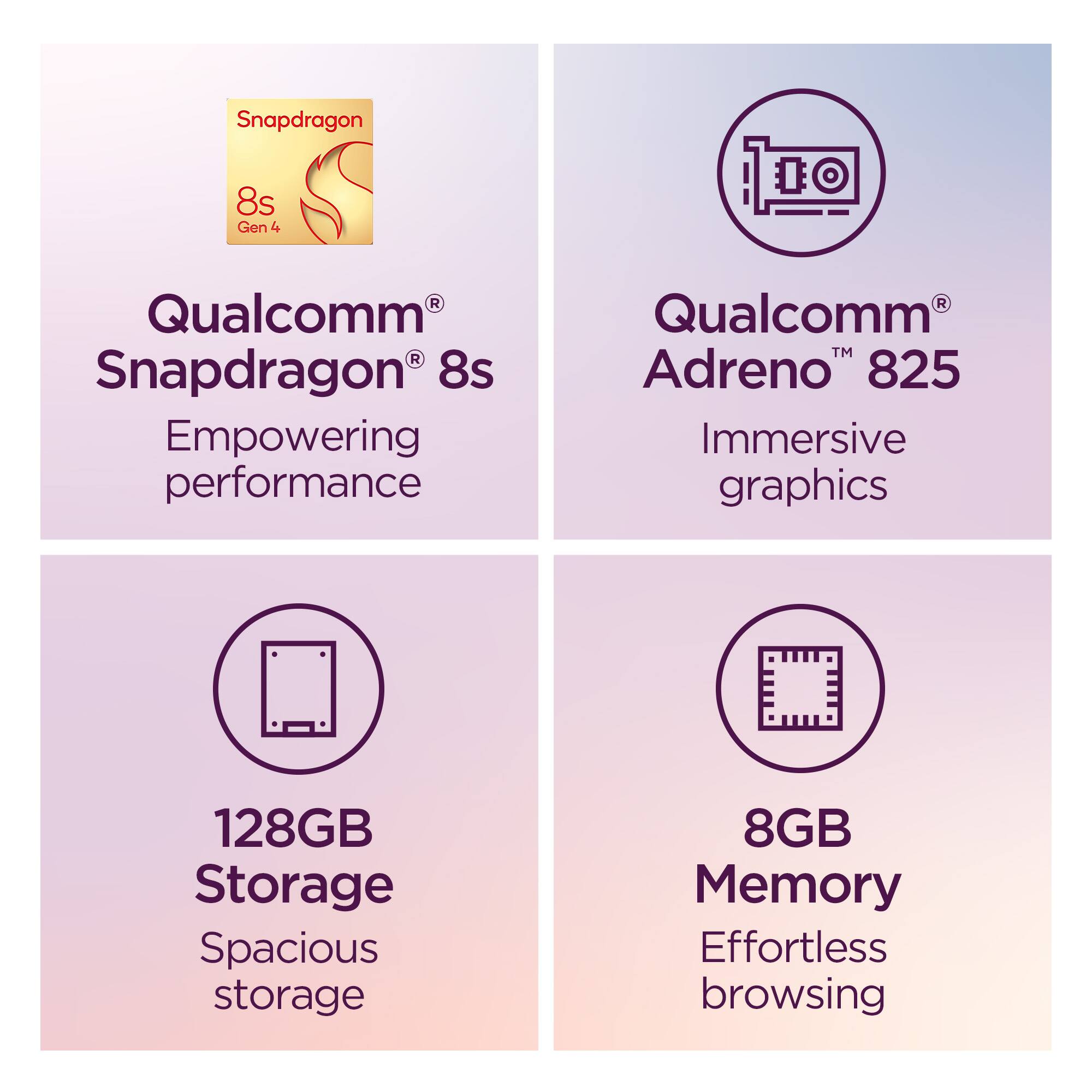 Snapdragon 8s Gen 4  
Qualcomm Snapdragon 8s  
Empowering performance  
Qualcomm Adreno 825  
Immersive graphics  
128GB Storage  
Spacious storage  
8GB Memory  
Effortless browsing